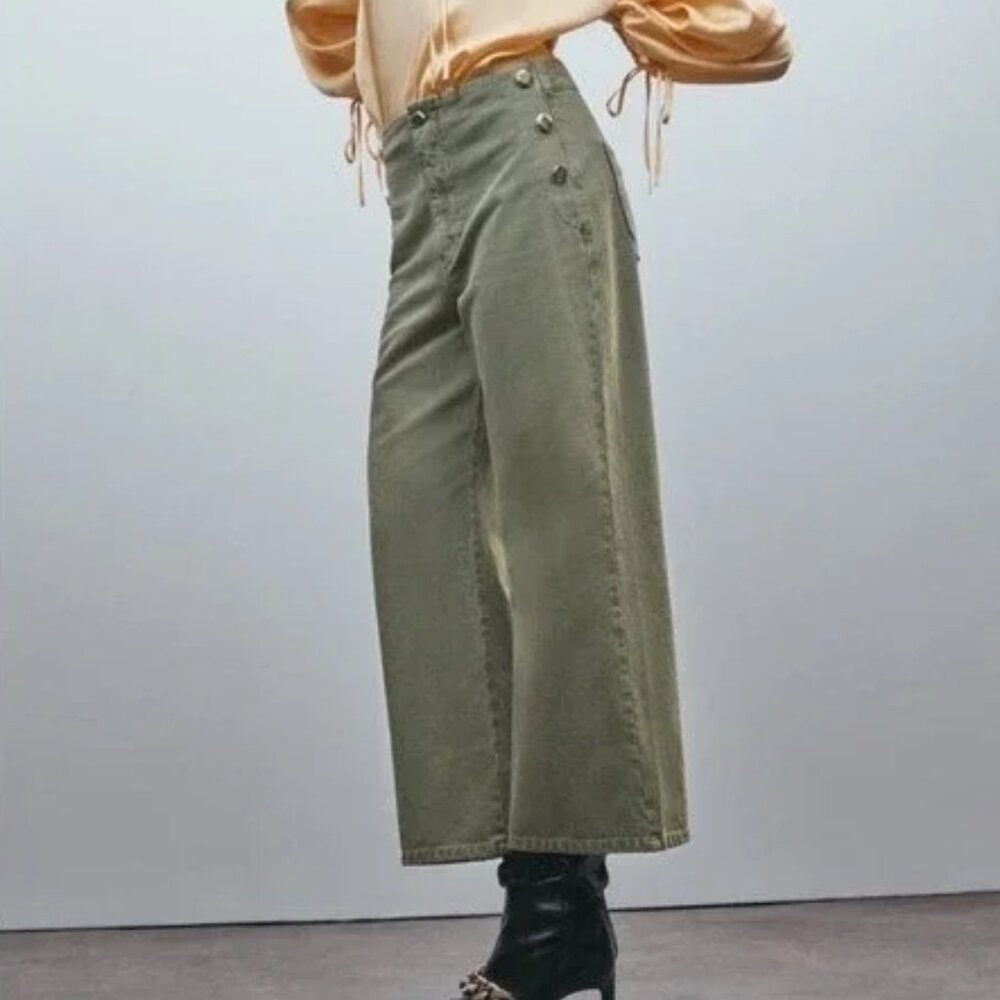Zara Wide Leg Cropped Olive Denim Pants 6